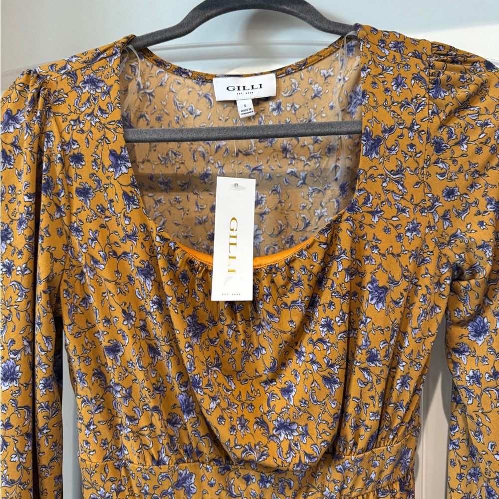 Gilli Gold Floral Puff Sleeve Cowl Neck Dress